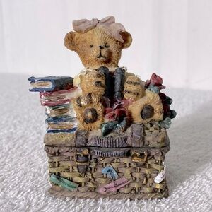 Vintage Charming Bear Figurine with Basket Figurine Trinket Box Collectible